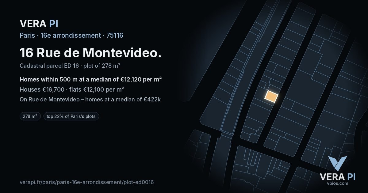 16 Rue de Montevideo, 16e arrondissement at night – the plot lit, the parcels around coloured by the prices near them