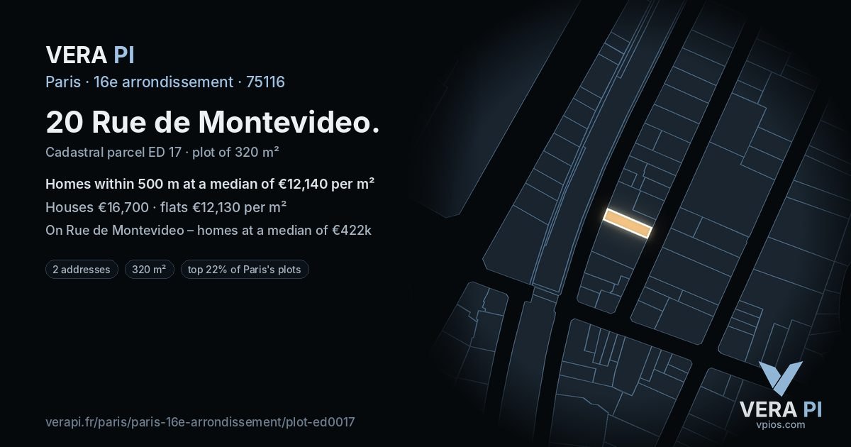 20 Rue de Montevideo, 16e arrondissement at night – the plot lit, the parcels around coloured by the prices near them