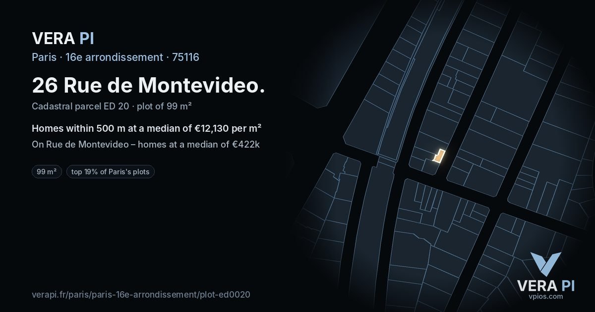 26 Rue de Montevideo, 16e arrondissement at night – the plot lit, the parcels around coloured by the prices near them