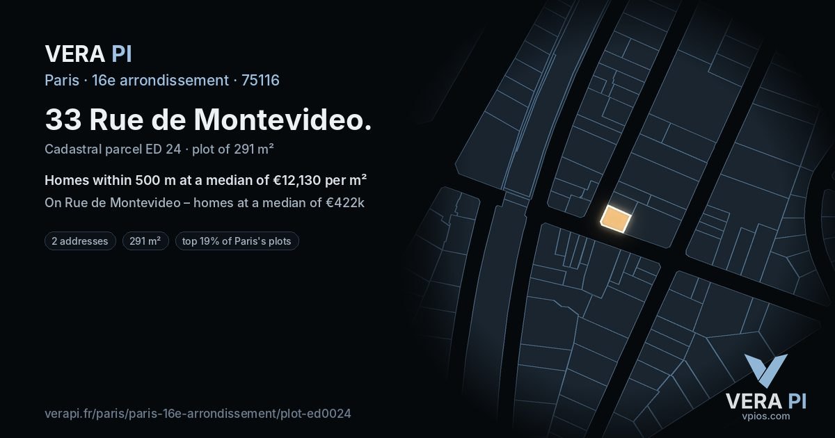33 Rue de Montevideo, 16e arrondissement at night – the plot lit, the parcels around coloured by the prices near them