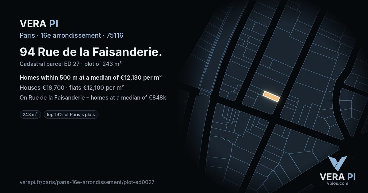 94 Rue de la Faisanderie, 16e arrondissement at night – the plot lit, the parcels around coloured by the prices near them