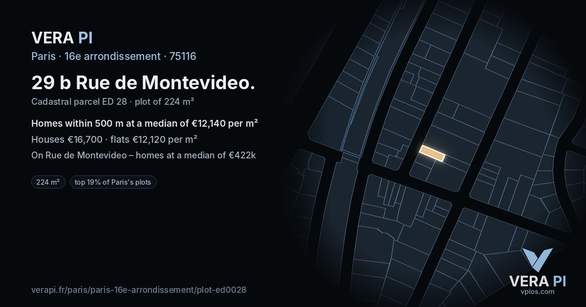29 b Rue de Montevideo, 16e arrondissement at night – the plot lit, the parcels around coloured by the prices near them