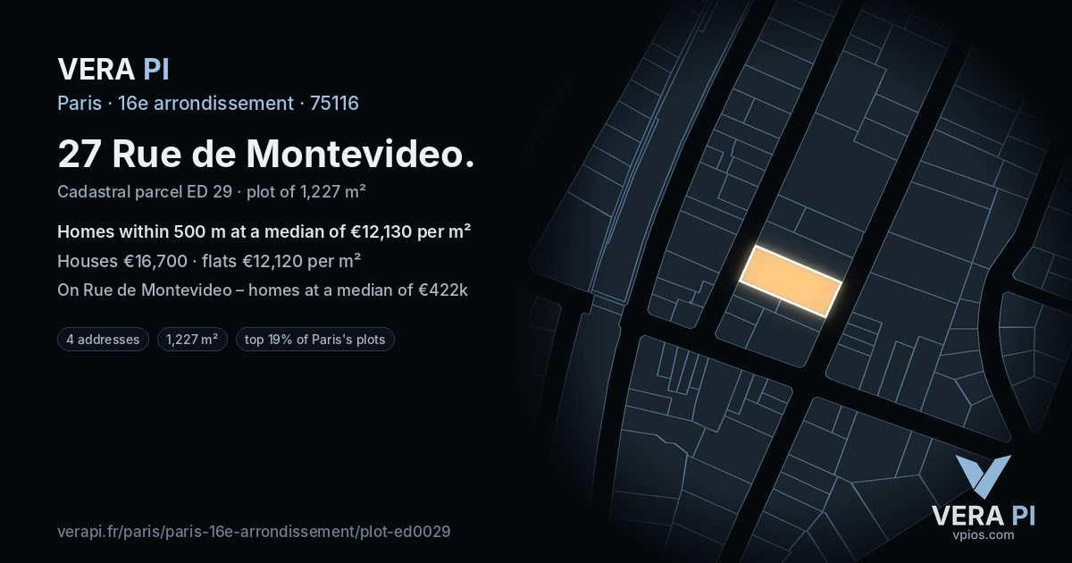 27 Rue de Montevideo, 16e arrondissement at night – the plot lit, the parcels around coloured by the prices near them