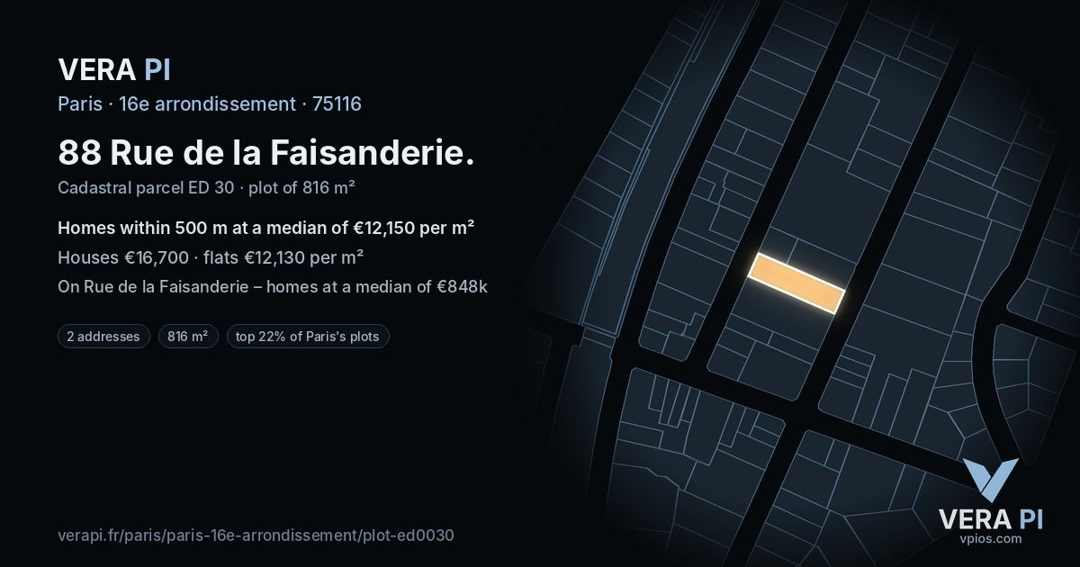 88 Rue de la Faisanderie, 16e arrondissement at night – the plot lit, the parcels around coloured by the prices near them