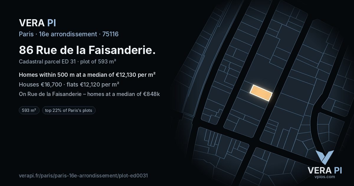86 Rue de la Faisanderie, 16e arrondissement at night – the plot lit, the parcels around coloured by the prices near them