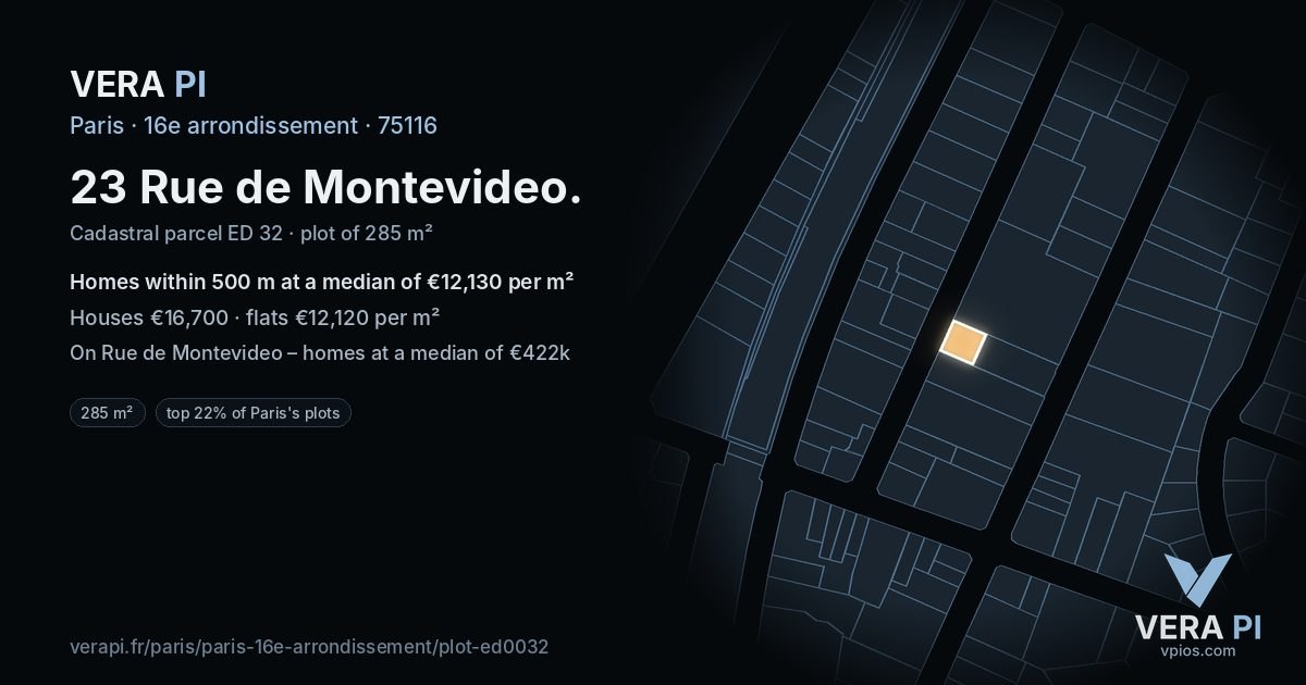 23 Rue de Montevideo, 16e arrondissement at night – the plot lit, the parcels around coloured by the prices near them