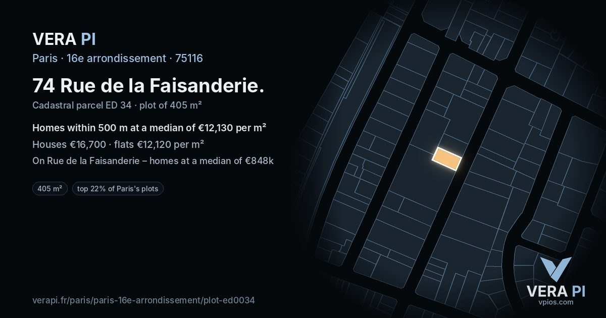 74 Rue de la Faisanderie, 16e arrondissement at night – the plot lit, the parcels around coloured by the prices near them