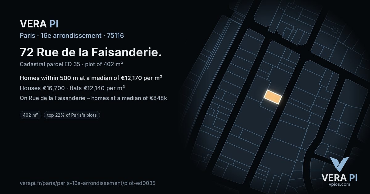72 Rue de la Faisanderie, 16e arrondissement at night – the plot lit, the parcels around coloured by the prices near them
