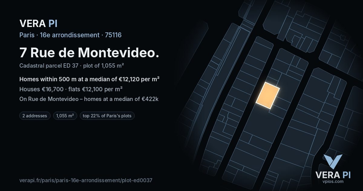 7 Rue de Montevideo, 16e arrondissement at night – the plot lit, the parcels around coloured by the prices near them