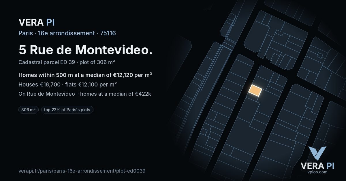 5 Rue de Montevideo, 16e arrondissement at night – the plot lit, the parcels around coloured by the prices near them