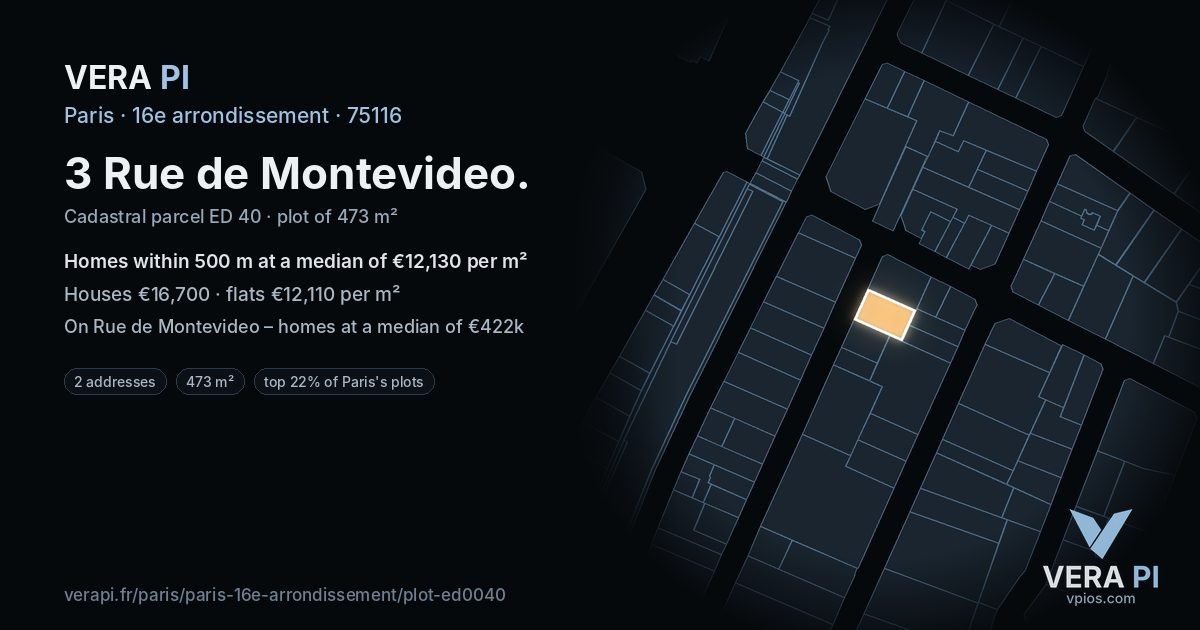 3 Rue de Montevideo, 16e arrondissement at night – the plot lit, the parcels around coloured by the prices near them