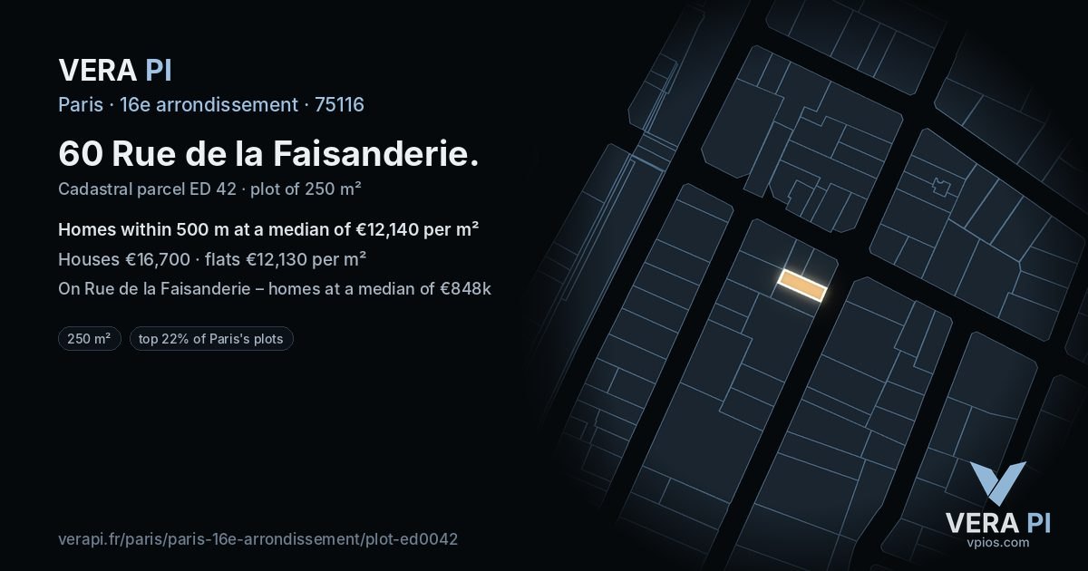 60 Rue de la Faisanderie, 16e arrondissement at night – the plot lit, the parcels around coloured by the prices near them