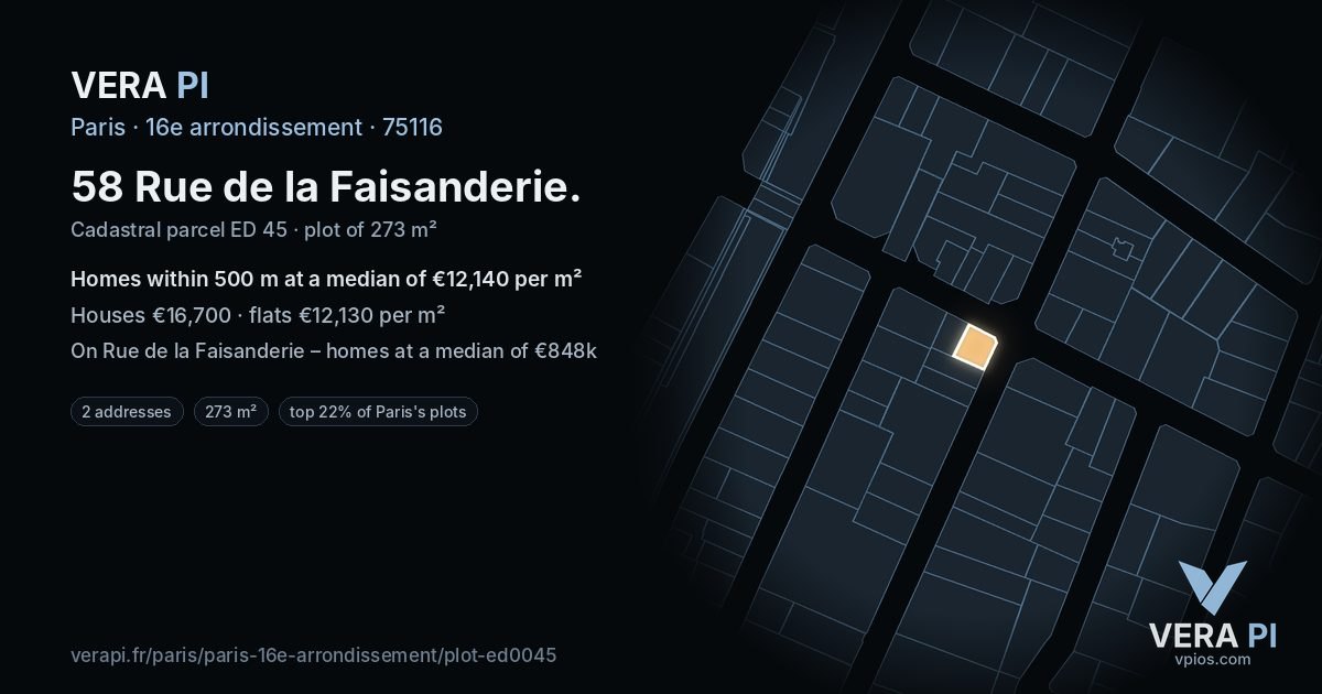 58 Rue de la Faisanderie, 16e arrondissement at night – the plot lit, the parcels around coloured by the prices near them