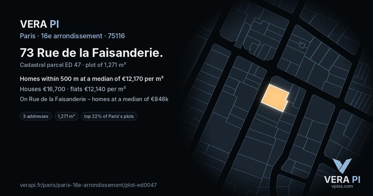 73 Rue de la Faisanderie, 16e arrondissement at night – the plot lit, the parcels around coloured by the prices near them