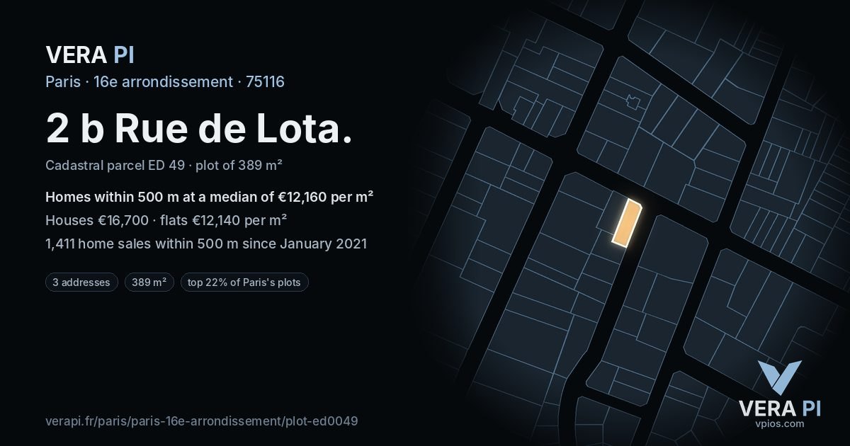 2 b Rue de Lota, 16e arrondissement at night – the plot lit, the parcels around coloured by the prices near them