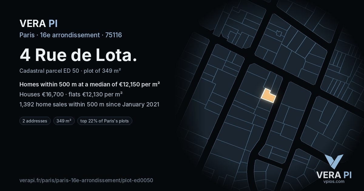 4 Rue de Lota, 16e arrondissement at night – the plot lit, the parcels around coloured by the prices near them