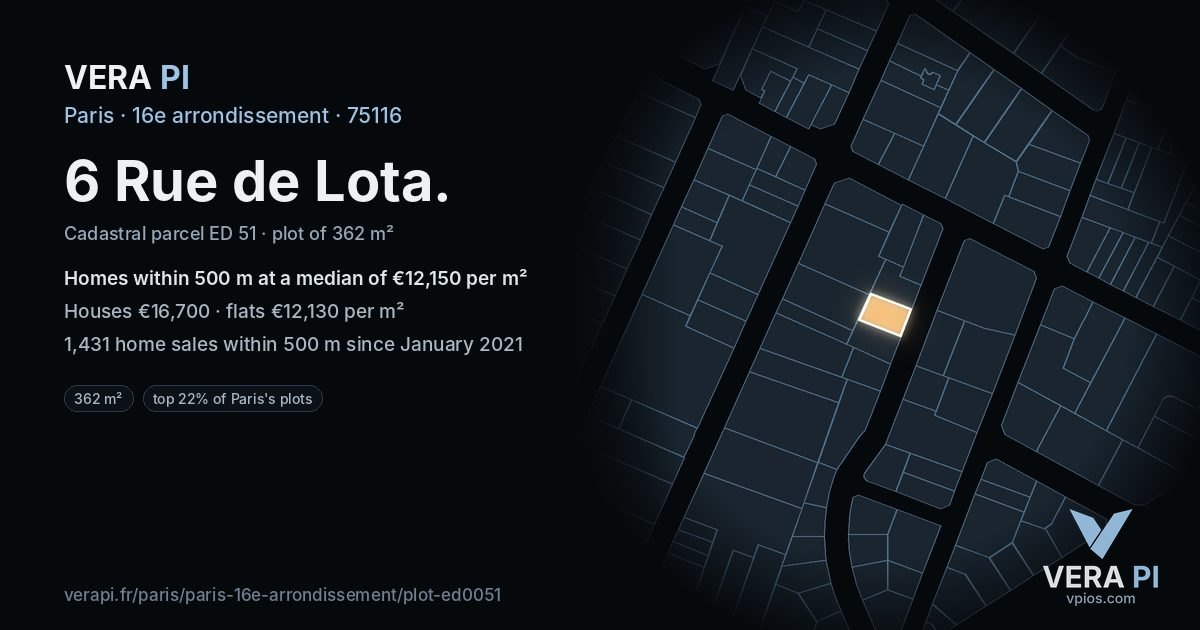 6 Rue de Lota, 16e arrondissement at night – the plot lit, the parcels around coloured by the prices near them