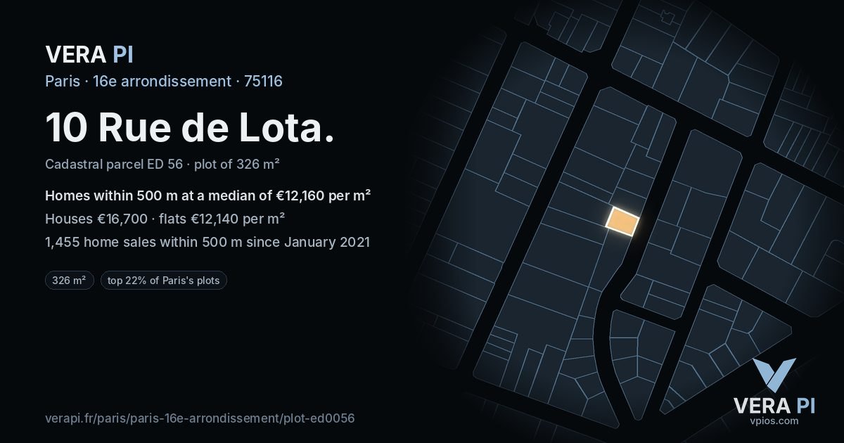 10 Rue de Lota, 16e arrondissement at night – the plot lit, the parcels around coloured by the prices near them