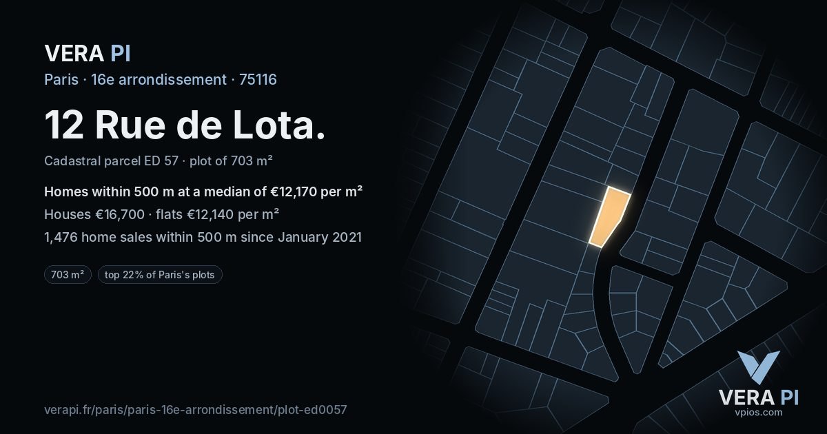 12 Rue de Lota, 16e arrondissement at night – the plot lit, the parcels around coloured by the prices near them
