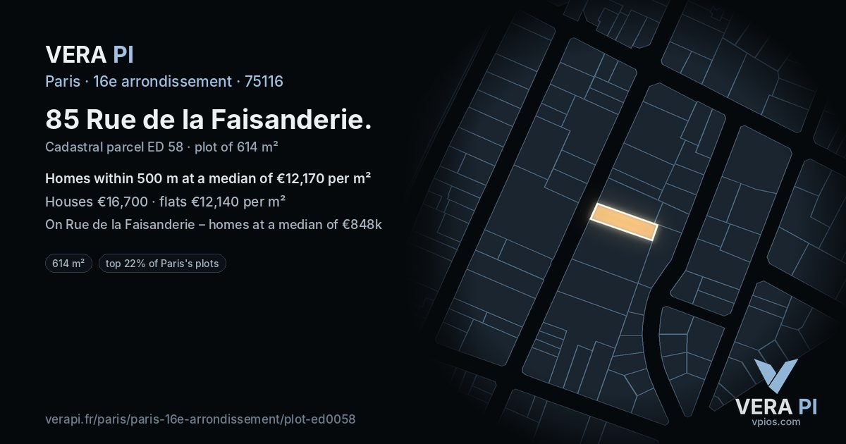 85 Rue de la Faisanderie, 16e arrondissement at night – the plot lit, the parcels around coloured by the prices near them