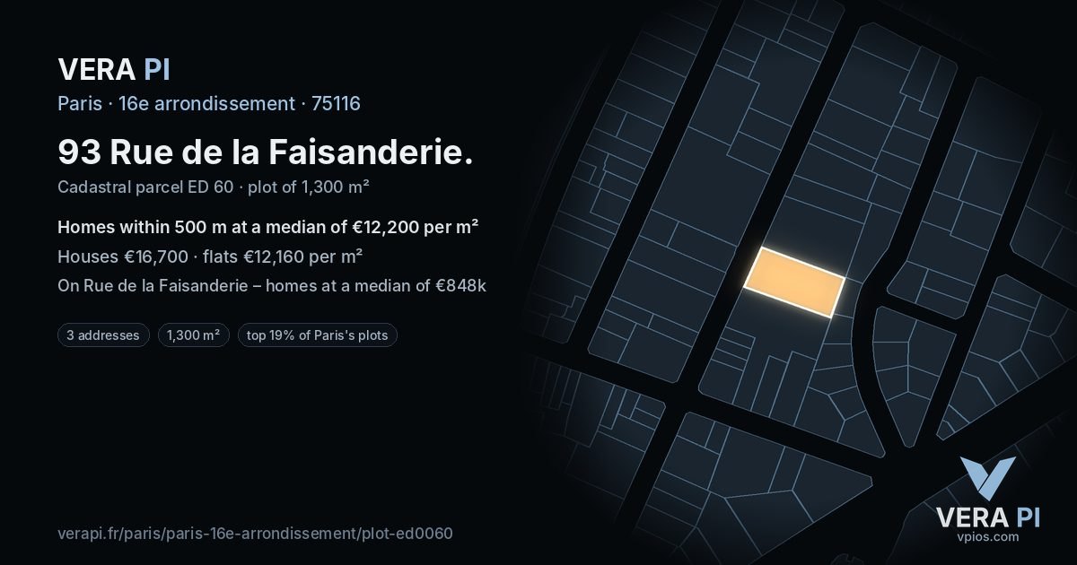 93 Rue de la Faisanderie, 16e arrondissement at night – the plot lit, the parcels around coloured by the prices near them