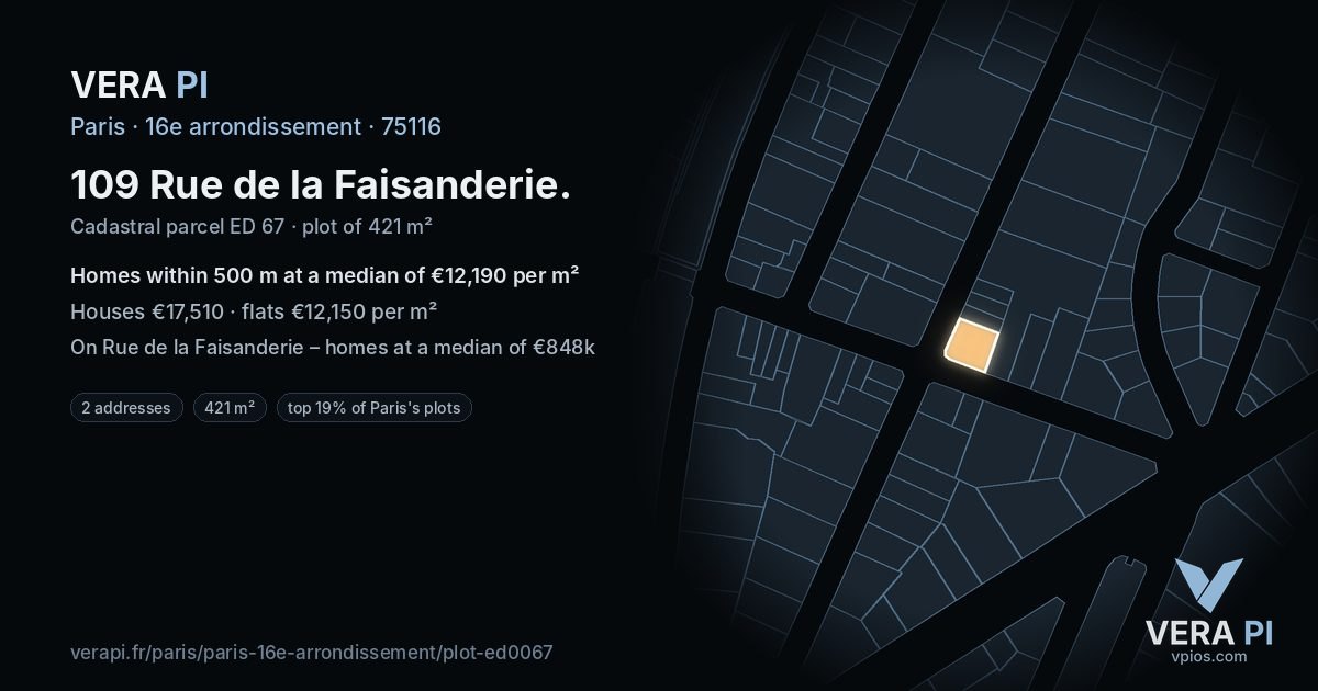 109 Rue de la Faisanderie, 16e arrondissement at night – the plot lit, the parcels around coloured by the prices near them