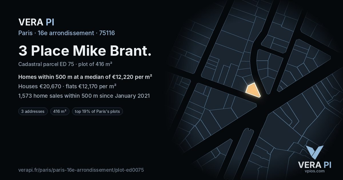3 Place Mike Brant, 16e arrondissement at night – the plot lit, the parcels around coloured by the prices near them