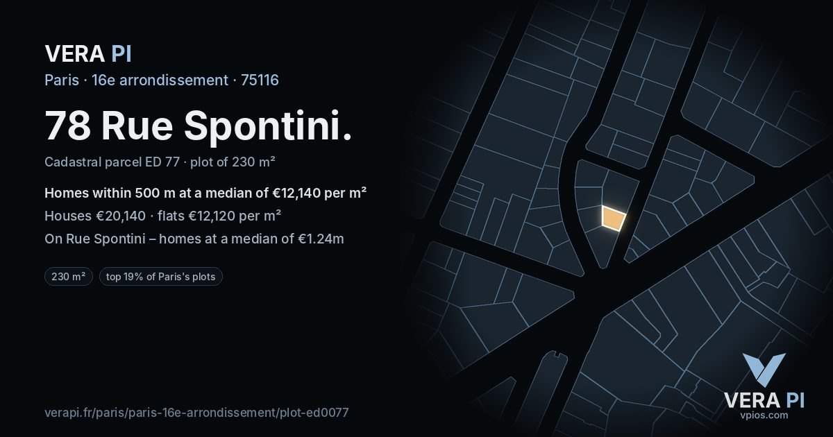 78 Rue Spontini, 16e arrondissement at night – the plot lit, the parcels around coloured by the prices near them