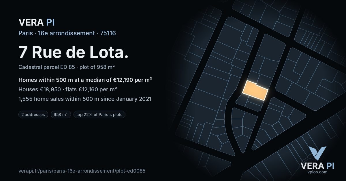 7 Rue de Lota, 16e arrondissement at night – the plot lit, the parcels around coloured by the prices near them