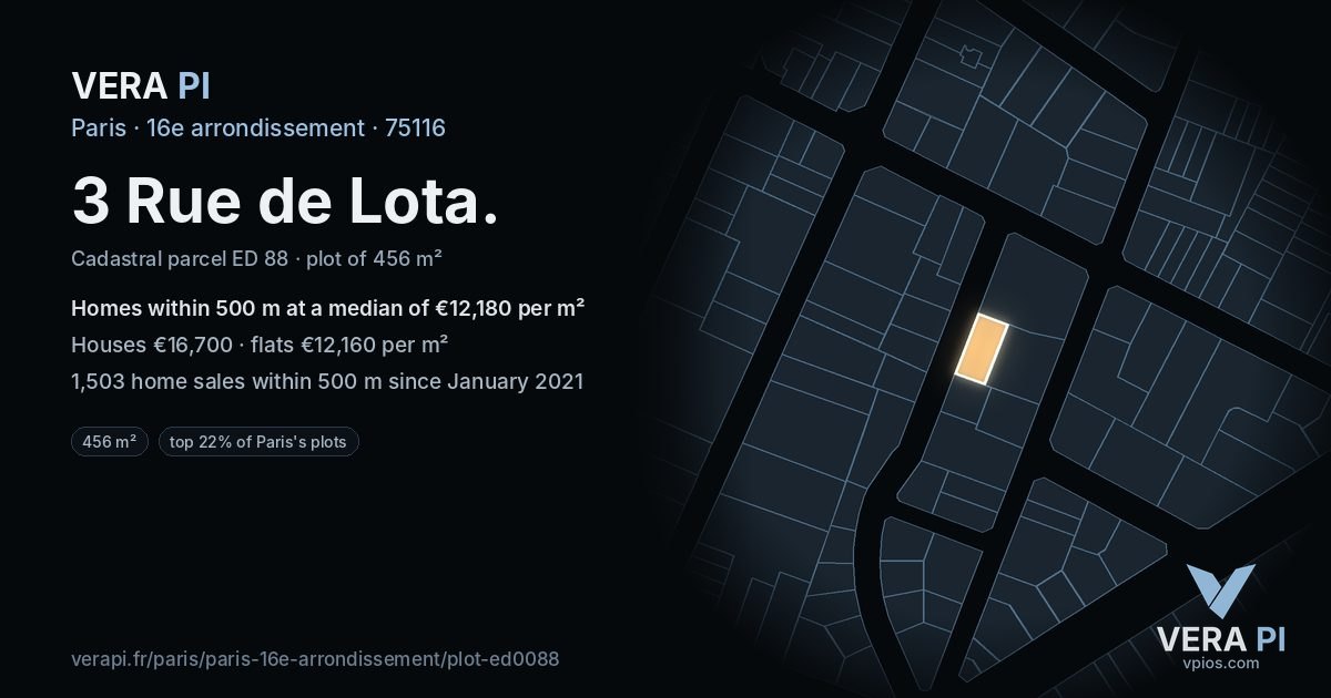 3 Rue de Lota, 16e arrondissement at night – the plot lit, the parcels around coloured by the prices near them