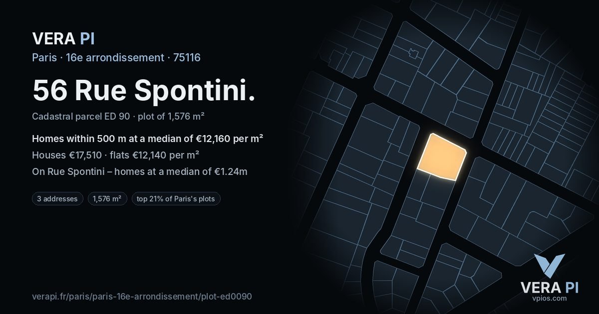 56 Rue Spontini, 16e arrondissement at night – the plot lit, the parcels around coloured by the prices near them