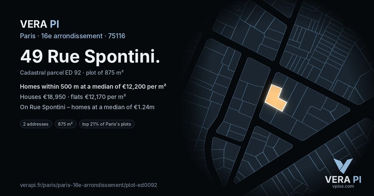 49 Rue Spontini, 16e arrondissement at night – the plot lit, the parcels around coloured by the prices near them