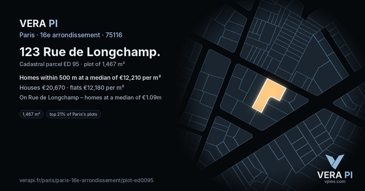 123 Rue de Longchamp, 16e arrondissement at night – the plot lit, the parcels around coloured by the prices near them