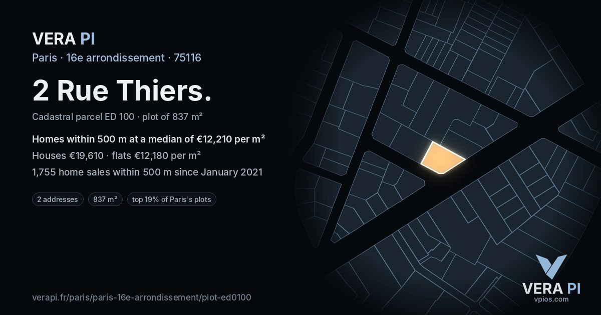 2 Rue Thiers, 16e arrondissement at night – the plot lit, the parcels around coloured by the prices near them