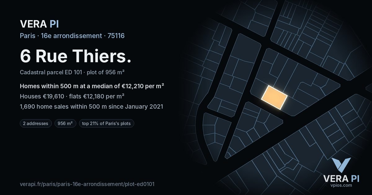 6 Rue Thiers, 16e arrondissement at night – the plot lit, the parcels around coloured by the prices near them