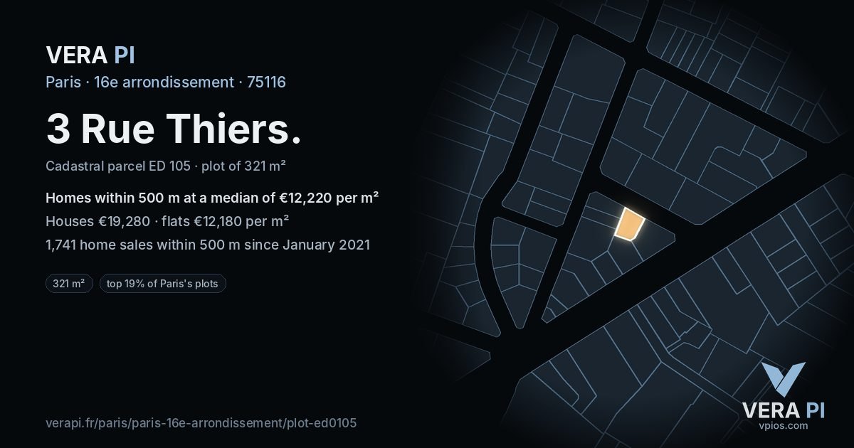 3 Rue Thiers, 16e arrondissement at night – the plot lit, the parcels around coloured by the prices near them
