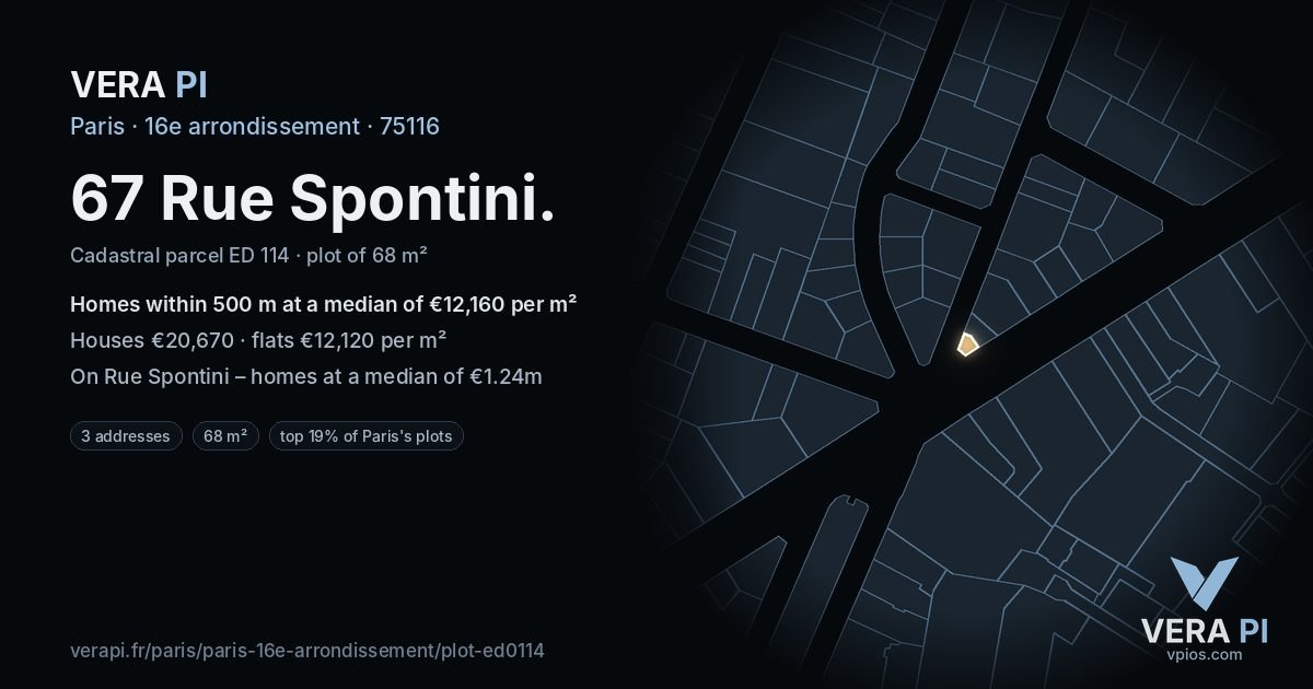 67 Rue Spontini, 16e arrondissement at night – the plot lit, the parcels around coloured by the prices near them