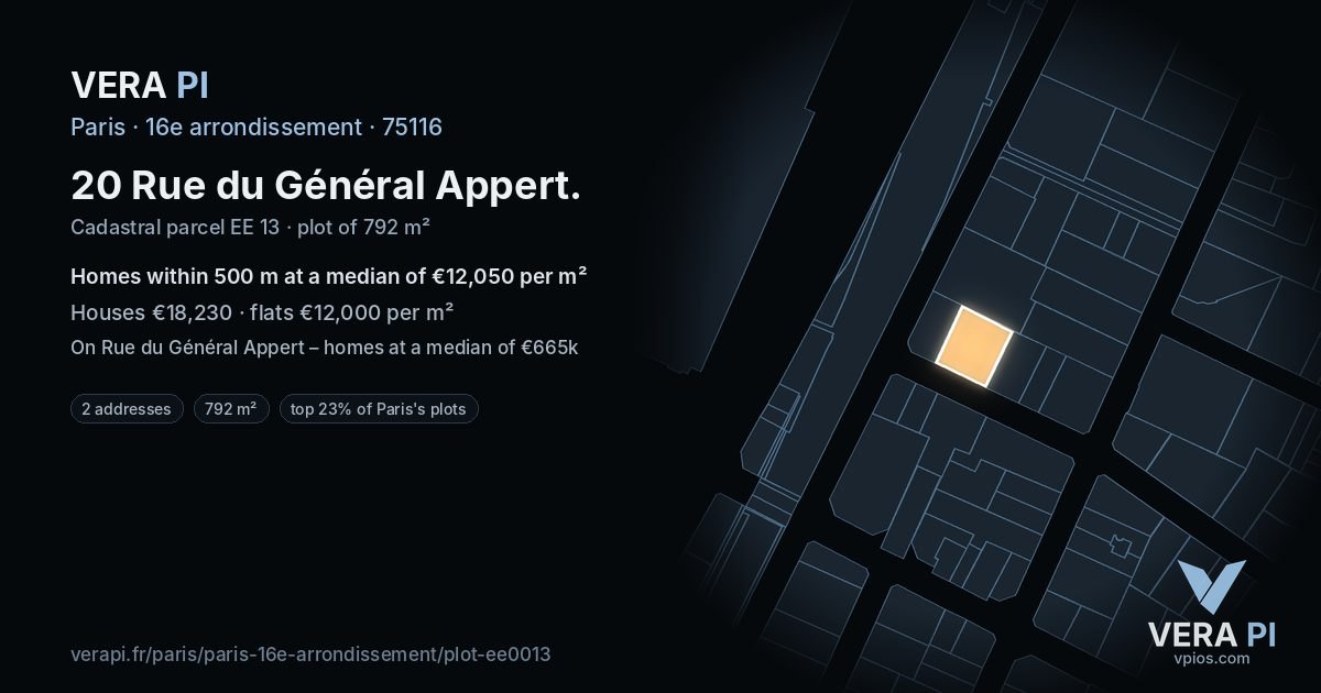 20 Rue du Général Appert, 16e arrondissement at night – the plot lit, the parcels around coloured by the prices near them