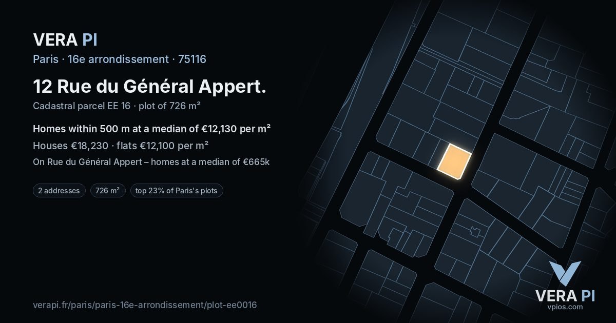 12 Rue du Général Appert, 16e arrondissement at night – the plot lit, the parcels around coloured by the prices near them