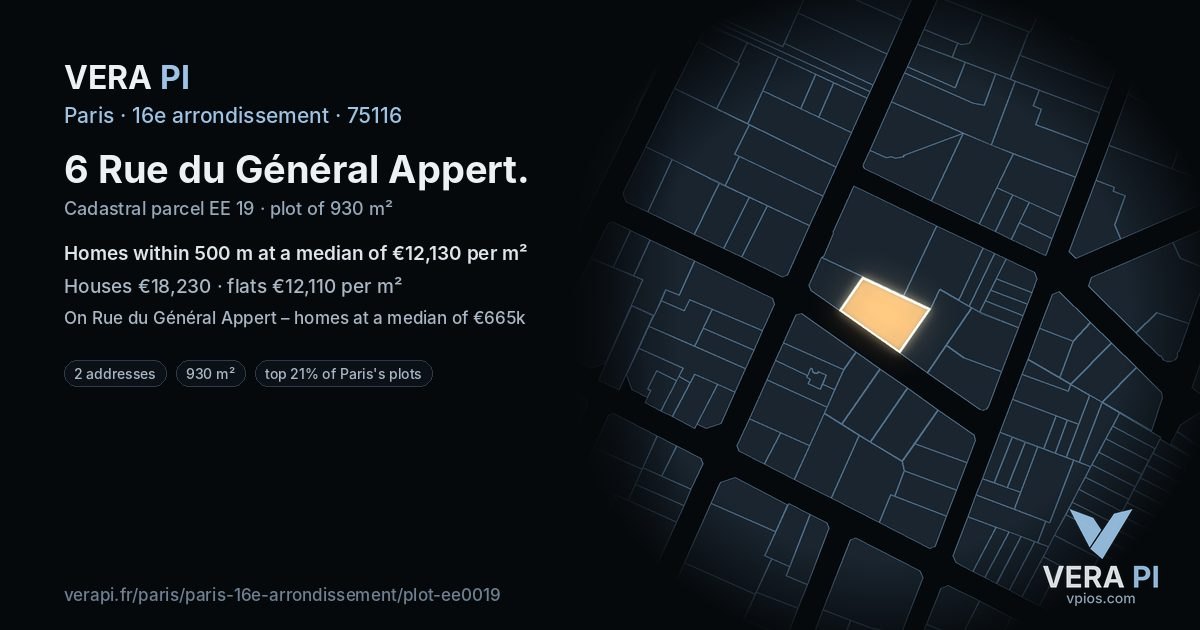 6 Rue du Général Appert, 16e arrondissement at night – the plot lit, the parcels around coloured by the prices near them