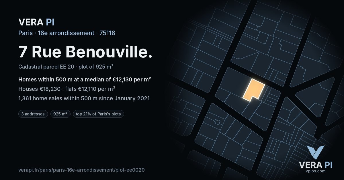 7 Rue Benouville, 16e arrondissement at night – the plot lit, the parcels around coloured by the prices near them