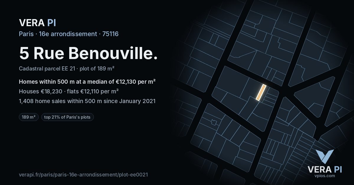 5 Rue Benouville, 16e arrondissement at night – the plot lit, the parcels around coloured by the prices near them