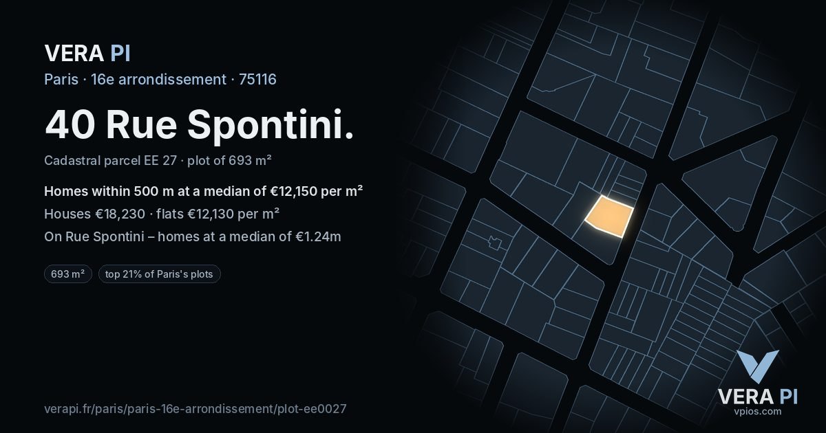 40 Rue Spontini, 16e arrondissement at night – the plot lit, the parcels around coloured by the prices near them