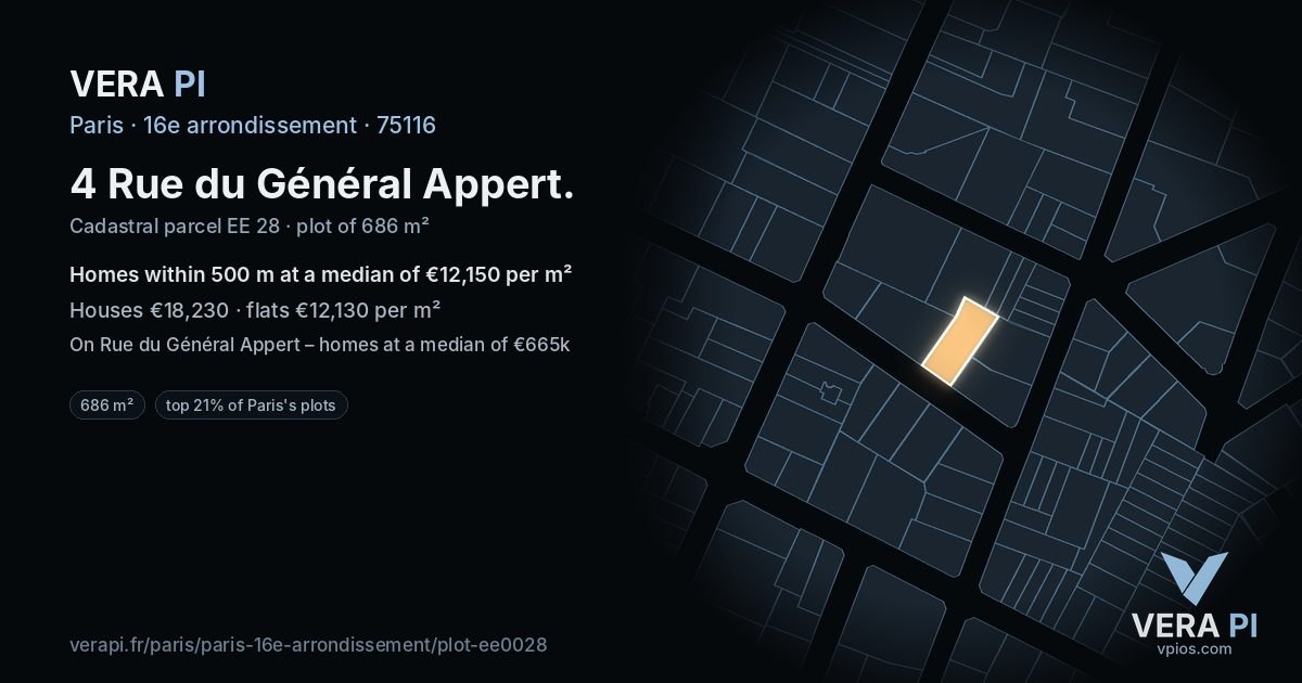 4 Rue du Général Appert, 16e arrondissement at night – the plot lit, the parcels around coloured by the prices near them
