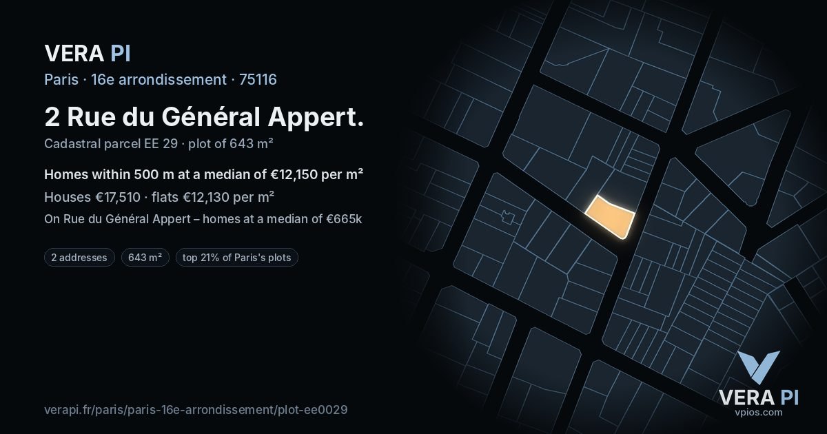 2 Rue du Général Appert, 16e arrondissement at night – the plot lit, the parcels around coloured by the prices near them