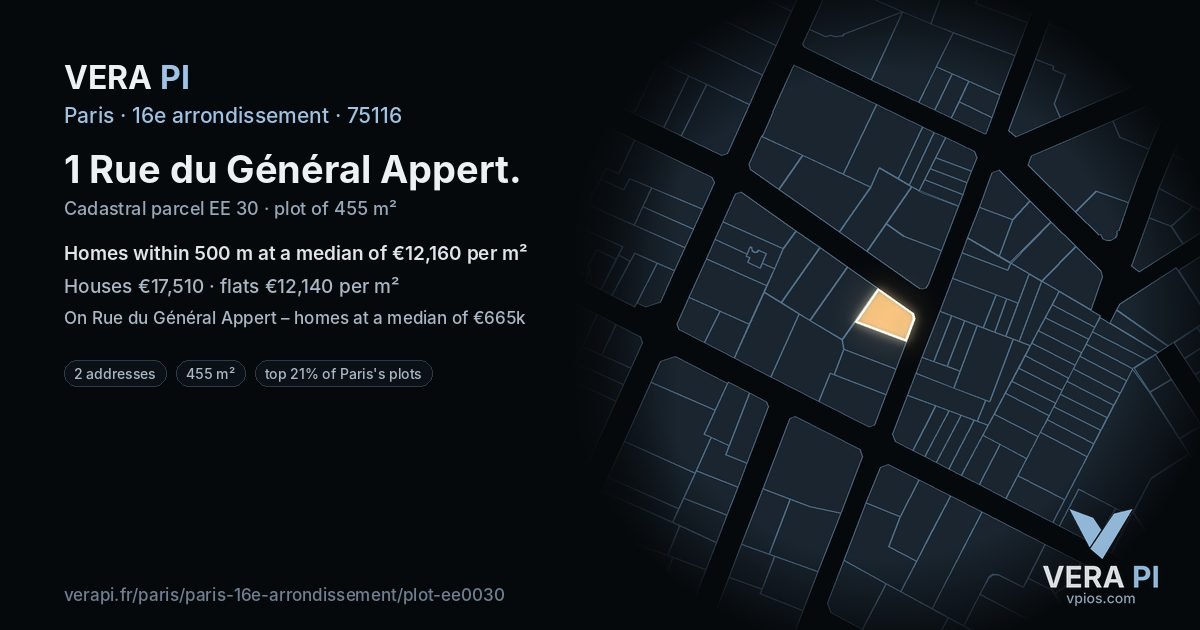 1 Rue du Général Appert, 16e arrondissement at night – the plot lit, the parcels around coloured by the prices near them