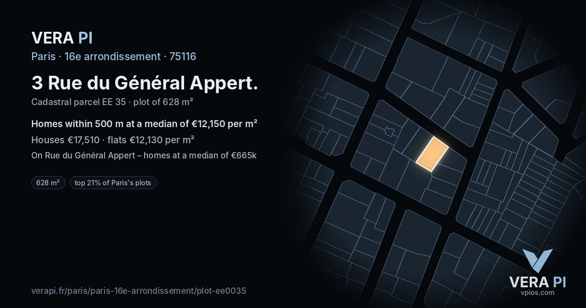 3 Rue du Général Appert, 16e arrondissement at night – the plot lit, the parcels around coloured by the prices near them