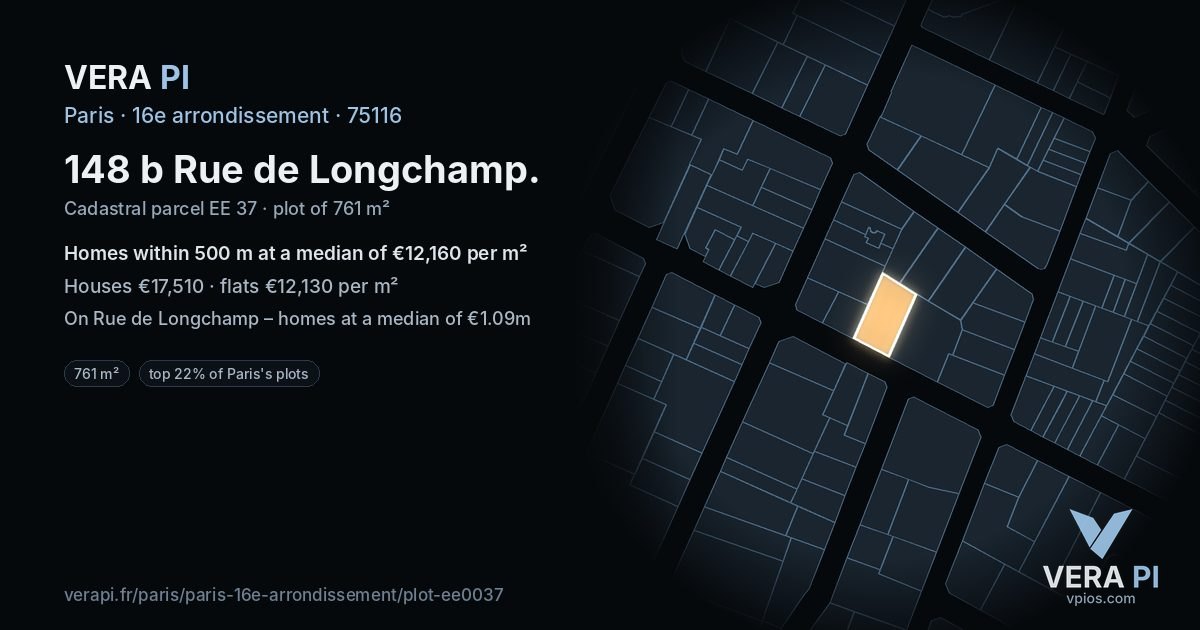 148 b Rue de Longchamp, 16e arrondissement at night – the plot lit, the parcels around coloured by the prices near them