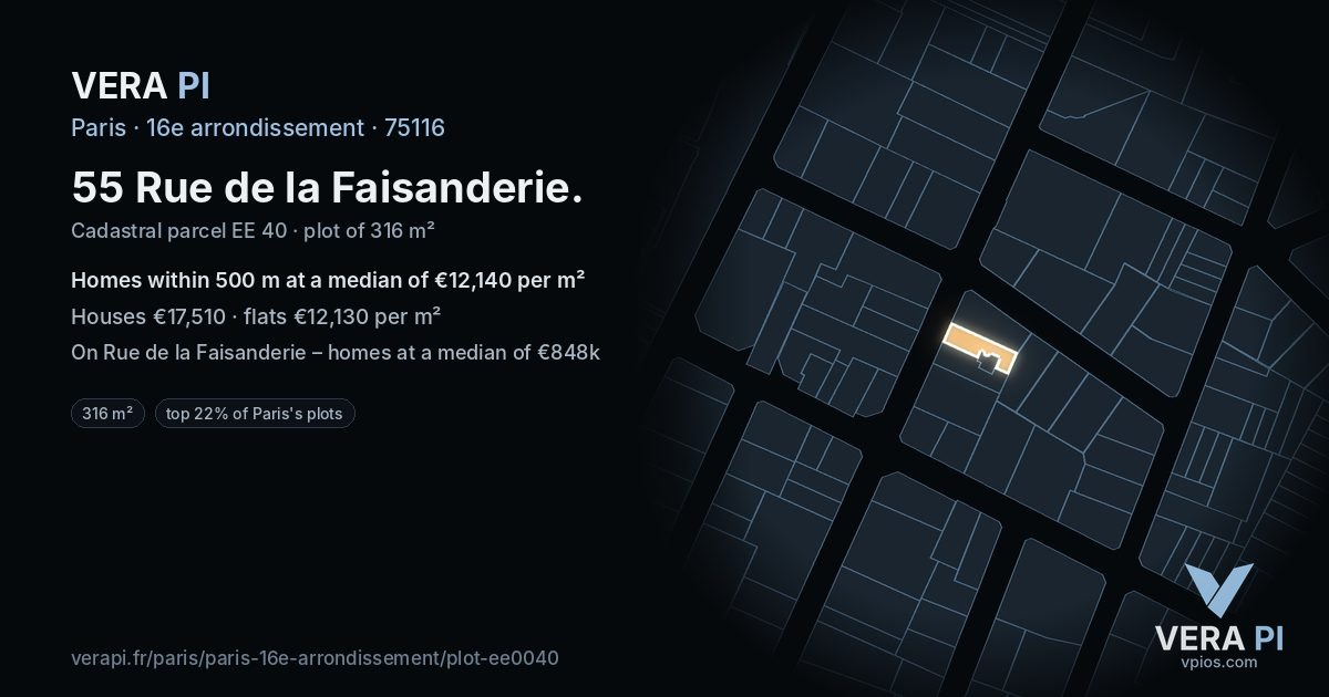 55 Rue de la Faisanderie, 16e arrondissement at night – the plot lit, the parcels around coloured by the prices near them