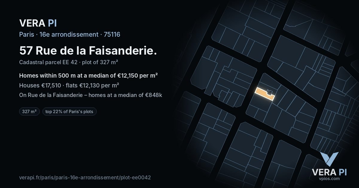 57 Rue de la Faisanderie, 16e arrondissement at night – the plot lit, the parcels around coloured by the prices near them
